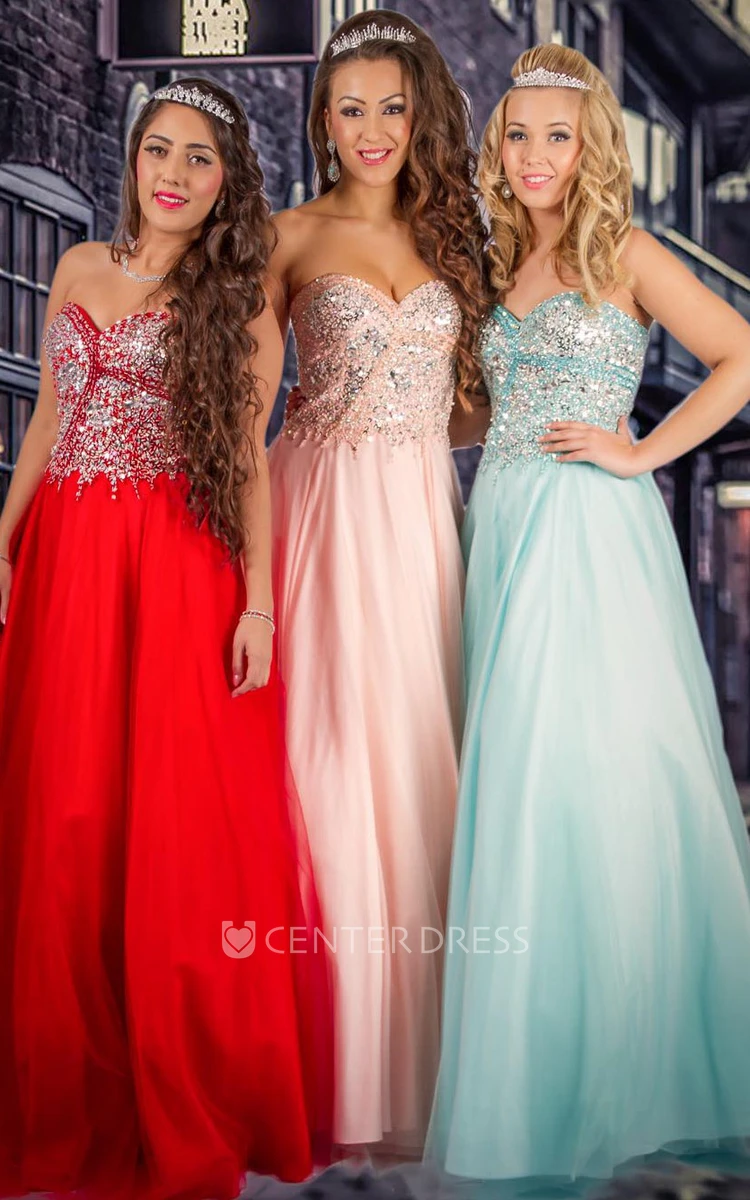 A-Line Sleeveless Sweetheart Beaded Long Tulle Prom Dress With Pleats