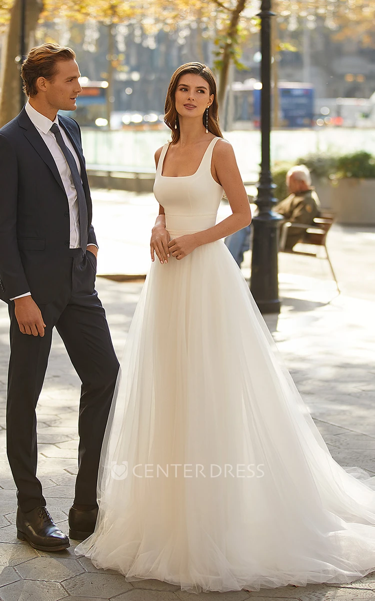 Unique A-Line Tulle Wedding Dress with Open Back and Sweep Train Wedding  Dress - UCenter Dress