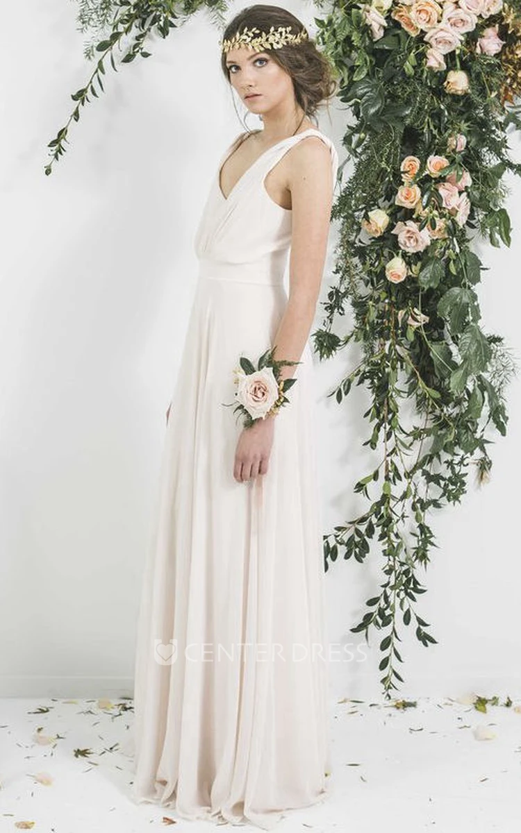 Floor-Length Sleeveless Pleated V-Neck Chiffon Bridesmaid Dress