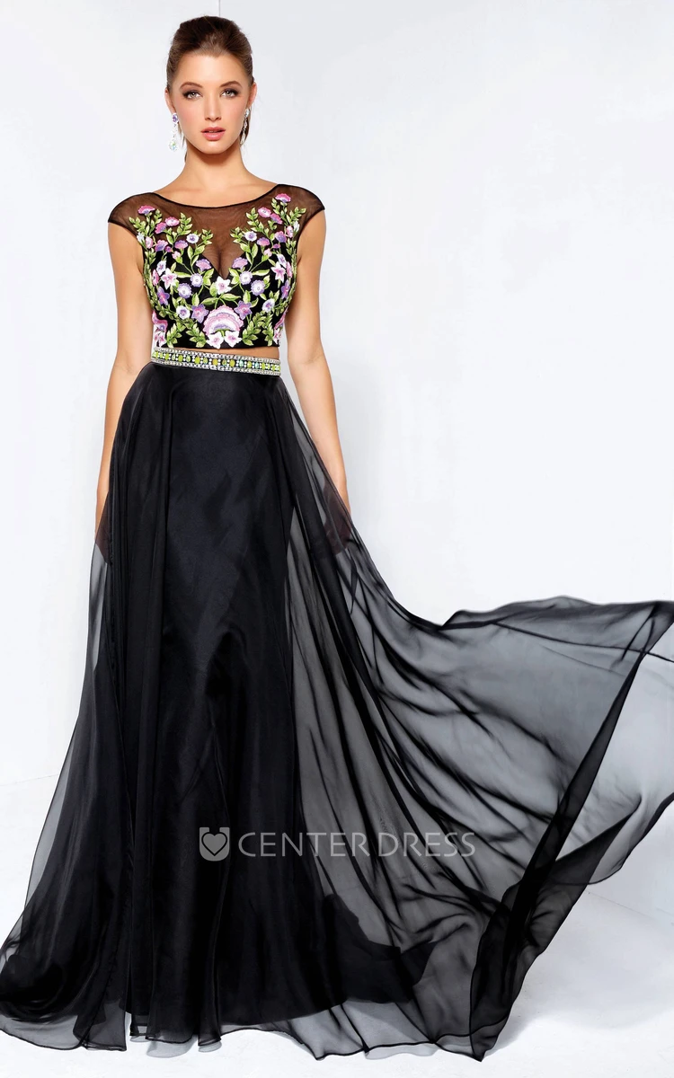 A-Line Maxi Scoop-Neck Cap-Sleeve Low-V Back Dress With Embroidery And Beading