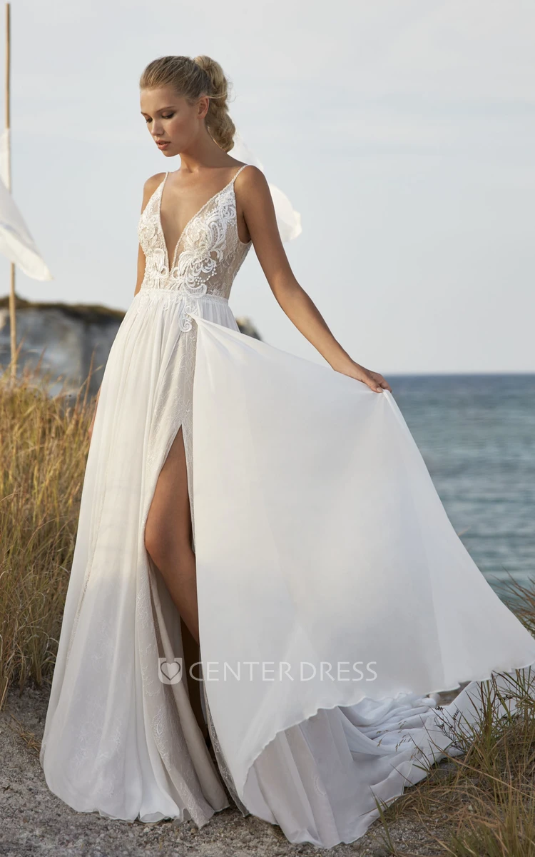 Ethereal Unique A-Line Boho Wedding Dress Elegant Sexy Beach Front Split Open Back Bridal Gown