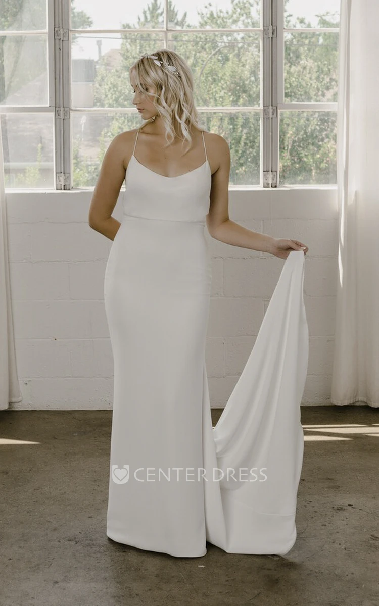 Spaghetti Straps Court Train With Open Back And Straps Simple Sheath Wedding Dress