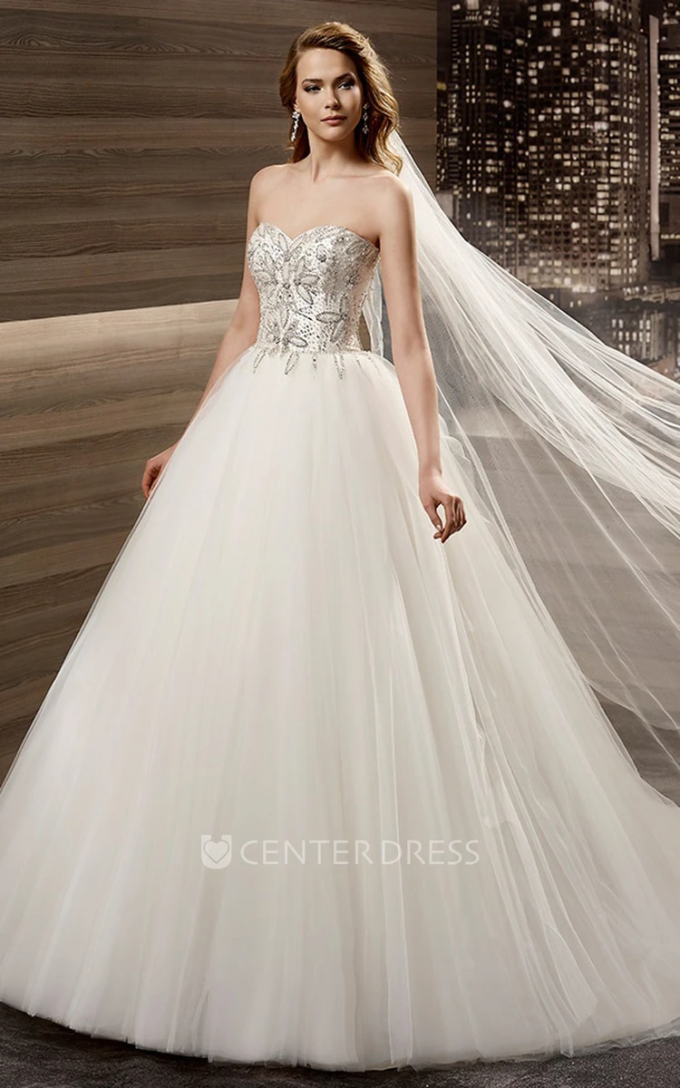 Sweetheart A-line Wedding Dress with Floral Beaded Corset and Brush Train