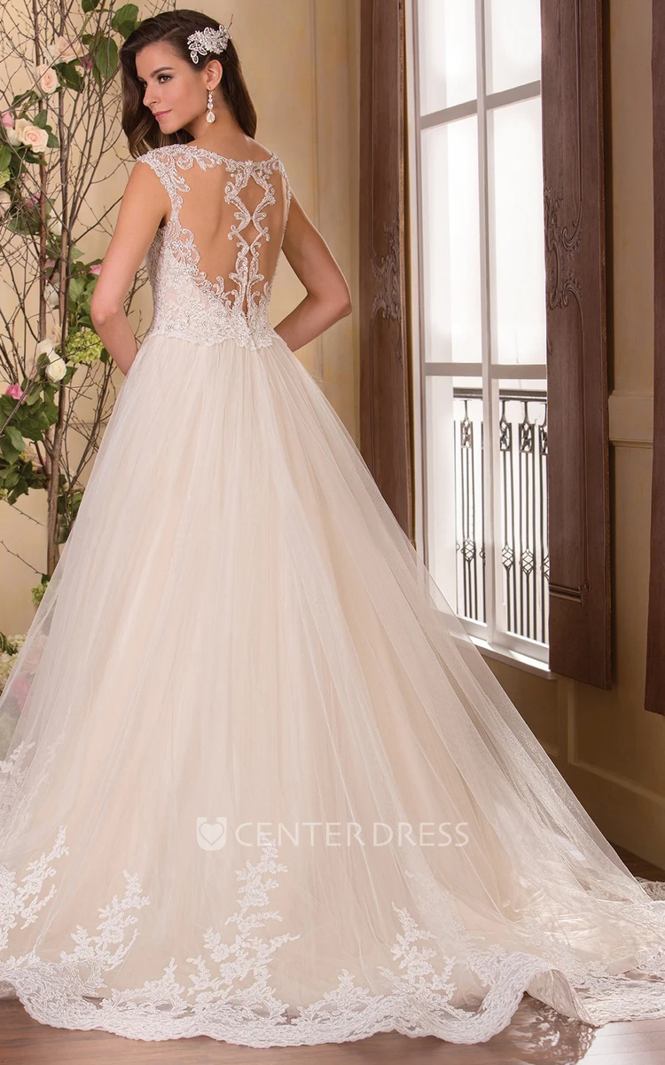 Cap-Sleeved Bateau-Neck A-Line Gown With Appliqued Bodice