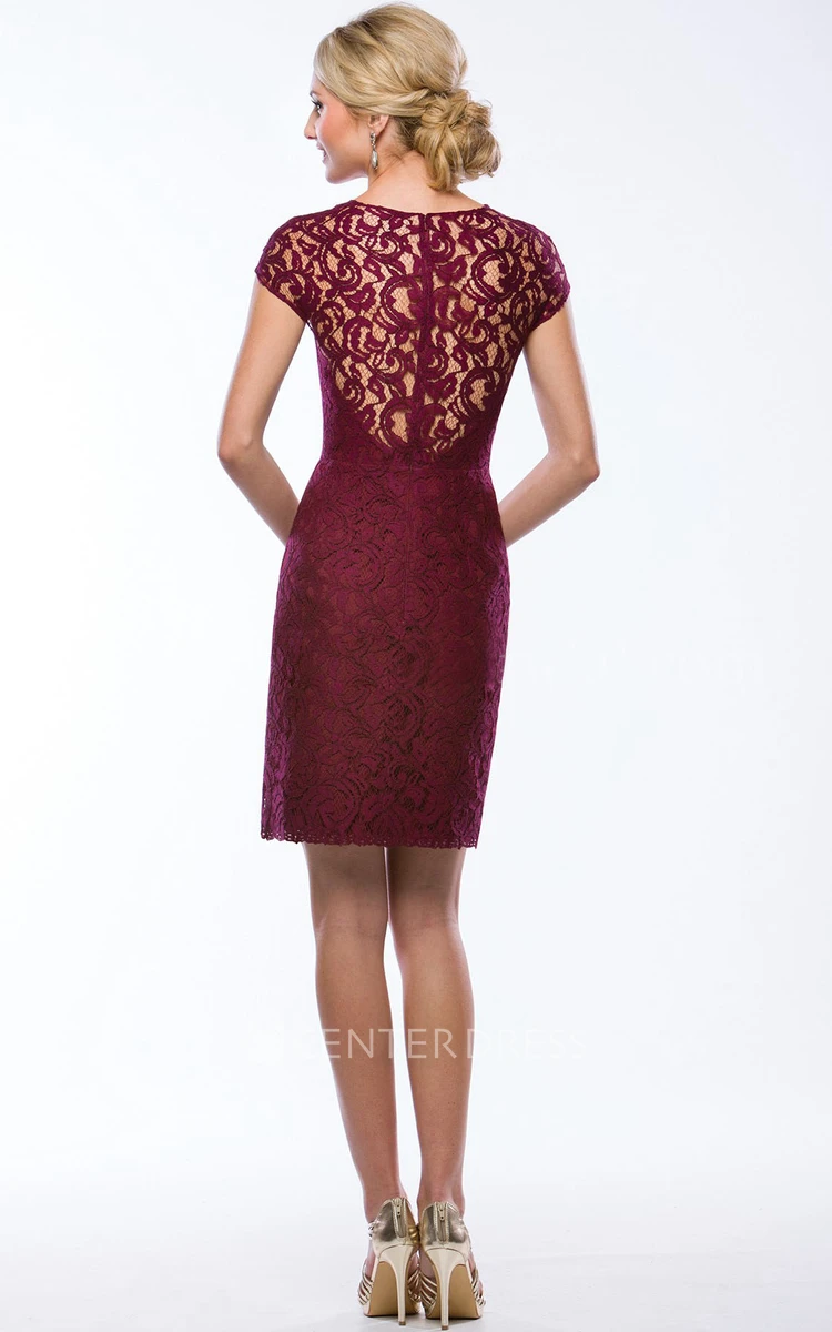 Cap-Sleeved High-Neck Short Lace Sheath Bridesmaid Dress With Illusion Style