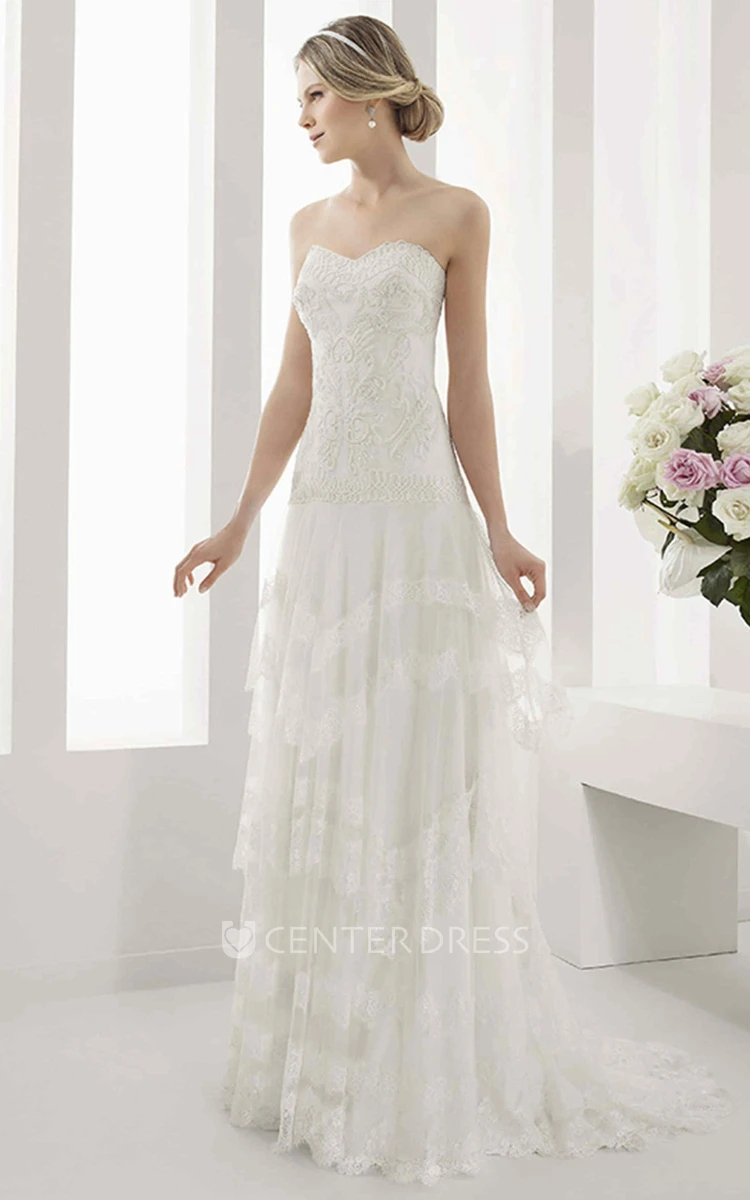 Sweetheart Drop Waist A-Line Gown With Embroidered Bodice And Layered Skirt