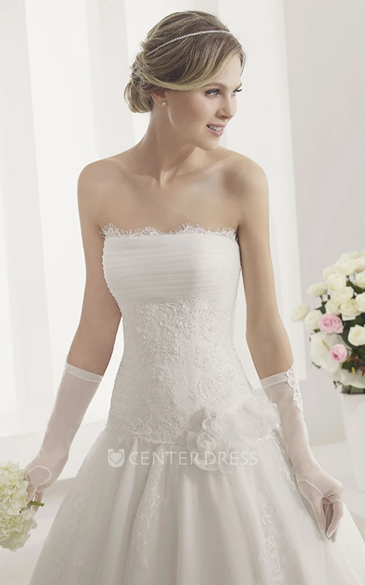 Ruched Top Lace Drop Waist Ball Gown With Organza Flower
