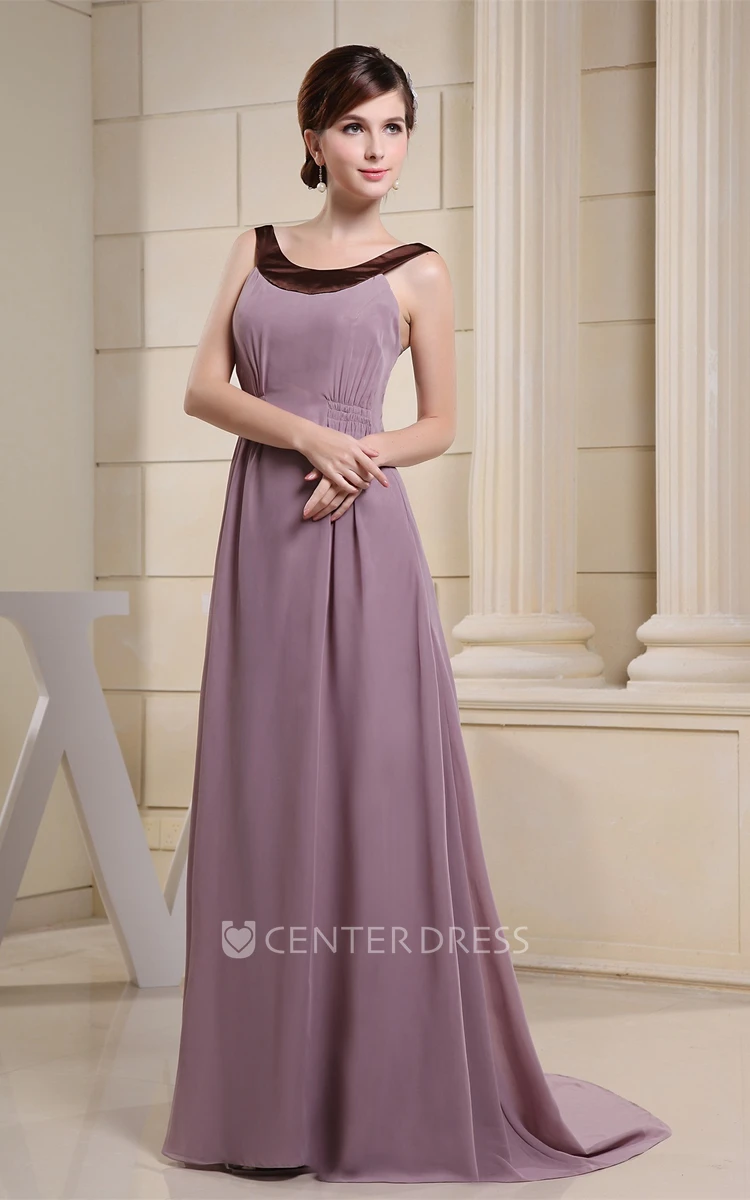 A-Line Sleeveless Chiffon Formal Dress with Ruching and Sweep Train