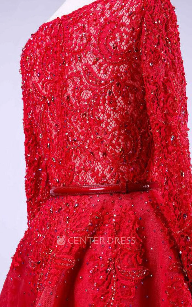 Scoop Neck Long Sleeve A-line Lace Dress