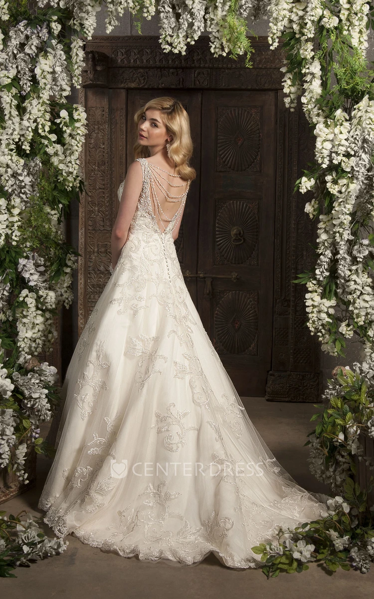 A-Line Maxi V-Neck Beaded Sleeveless Lace Wedding Dress