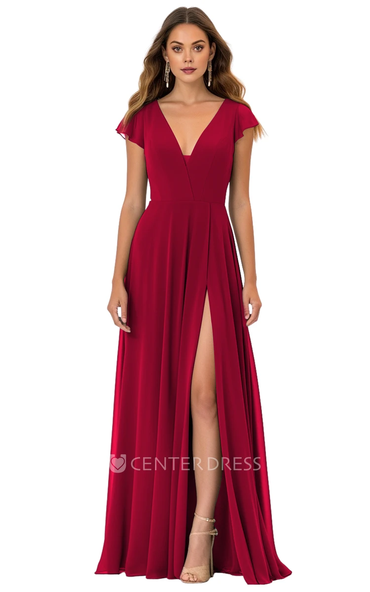 Modest A-Line Chiffon Bridesmaid Dress with V-neck and Split Front Simple and Elegant