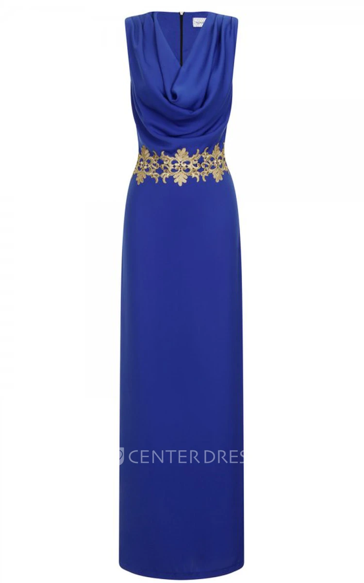 Cowl Neck Appliqued Sleeveless Satin Bridesmaid Dress With Split Front