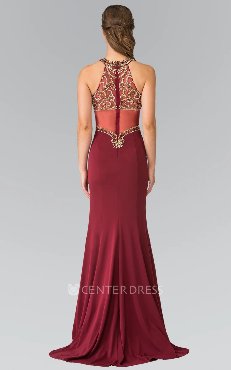 Sheath Long Scoop-Neck Sleeveless Jersey Illusion Dress With Sequins And Beading