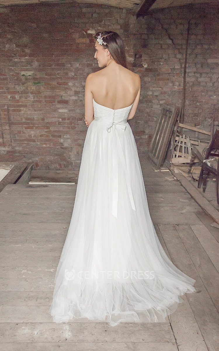 Long Sweetheart Criss-Cross Tulle Wedding Dress With Sweep Train And V Back