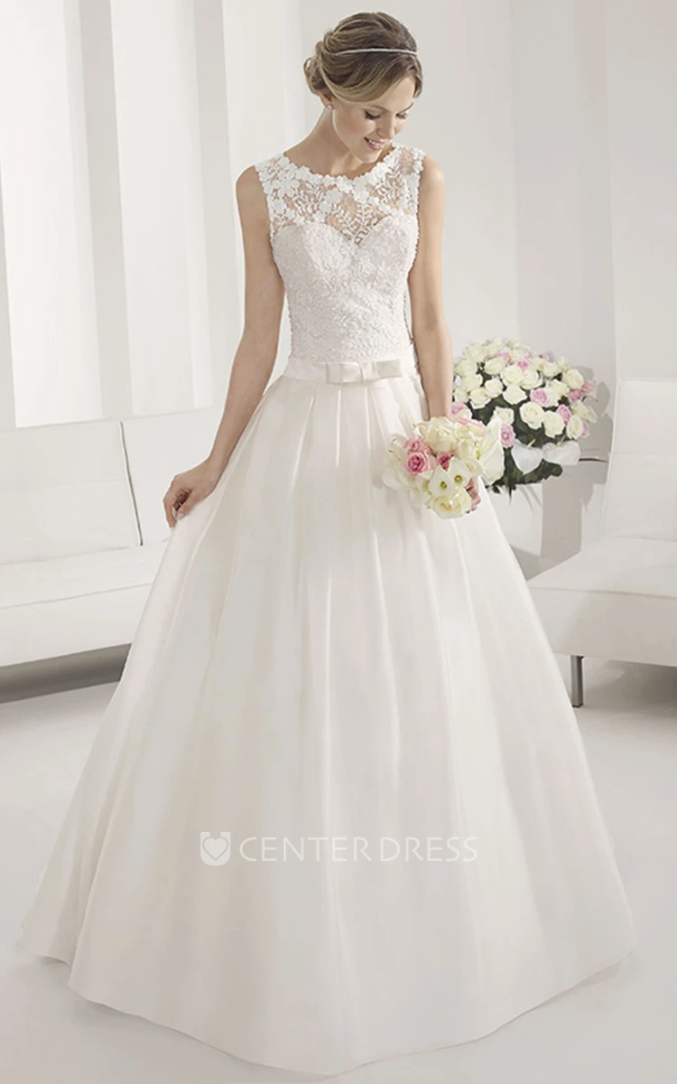 Appliqued Floral Scoop Neck A-line Taffeta Wedding Gown