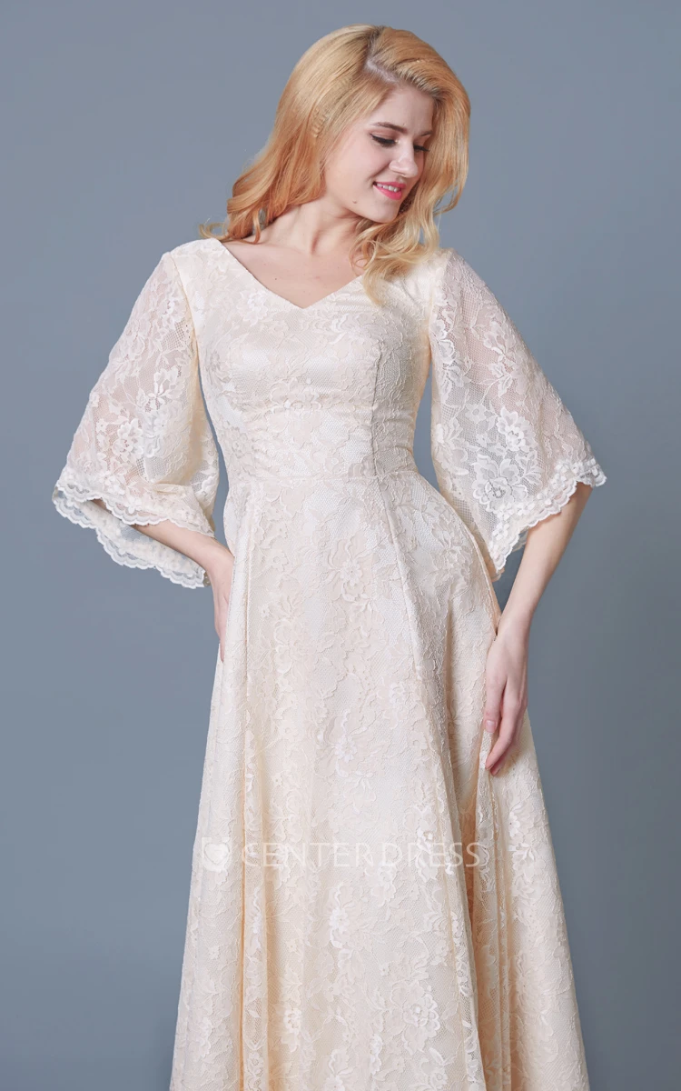 Vintage V Neck Lace Long Bridesmaid Dress with Bell Sleeves