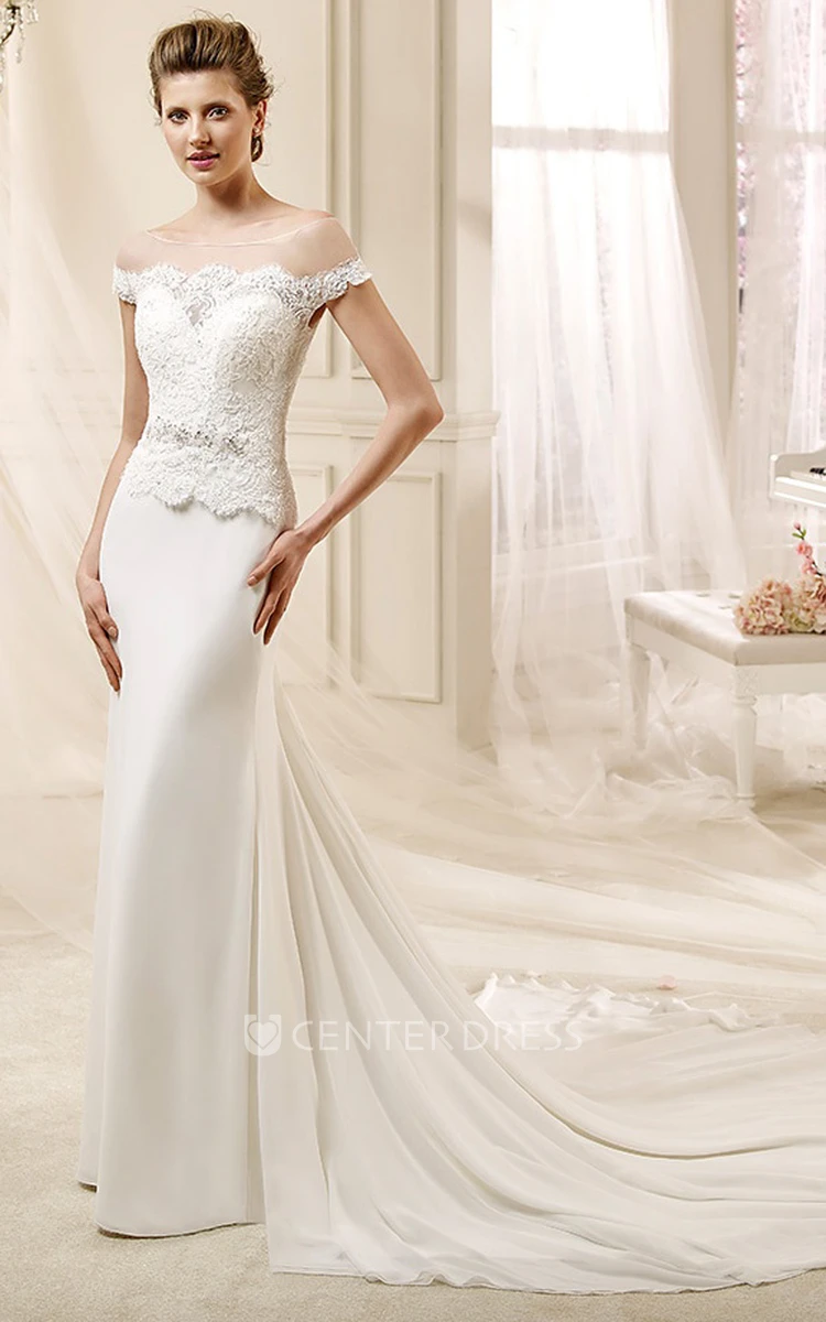 Jewel-neck Beaded Wedding Dress with Lace Bodice and Satin Skirt