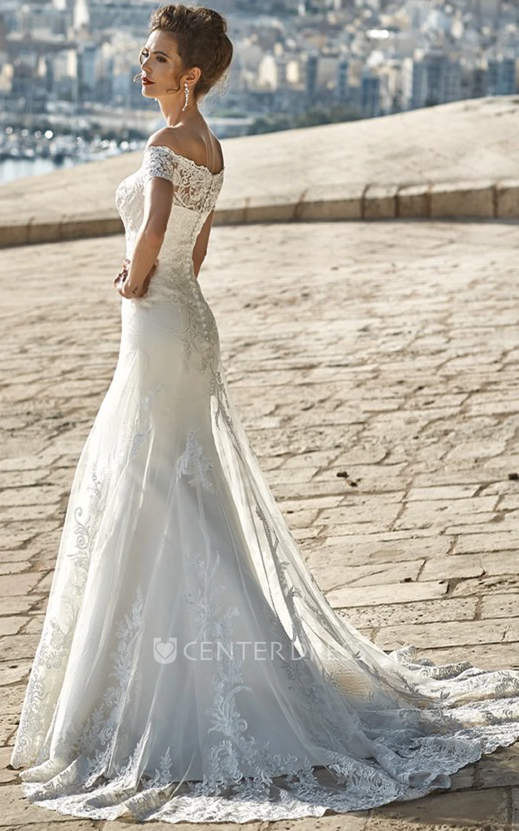 Floor-Length Appliqued Off-The-Shoulder Lace Wedding Dress