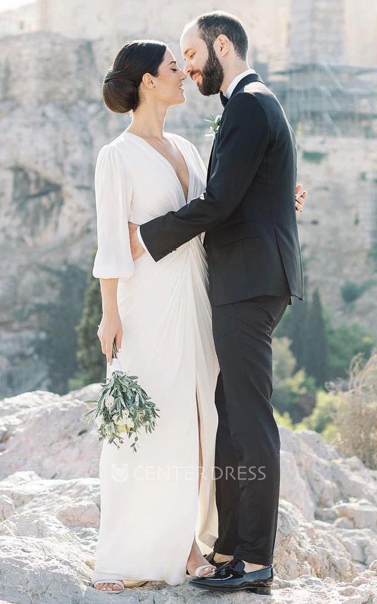 Elegant Sheath V-neck Chiffon Wedding Dress With Keyhole Back And Ruching