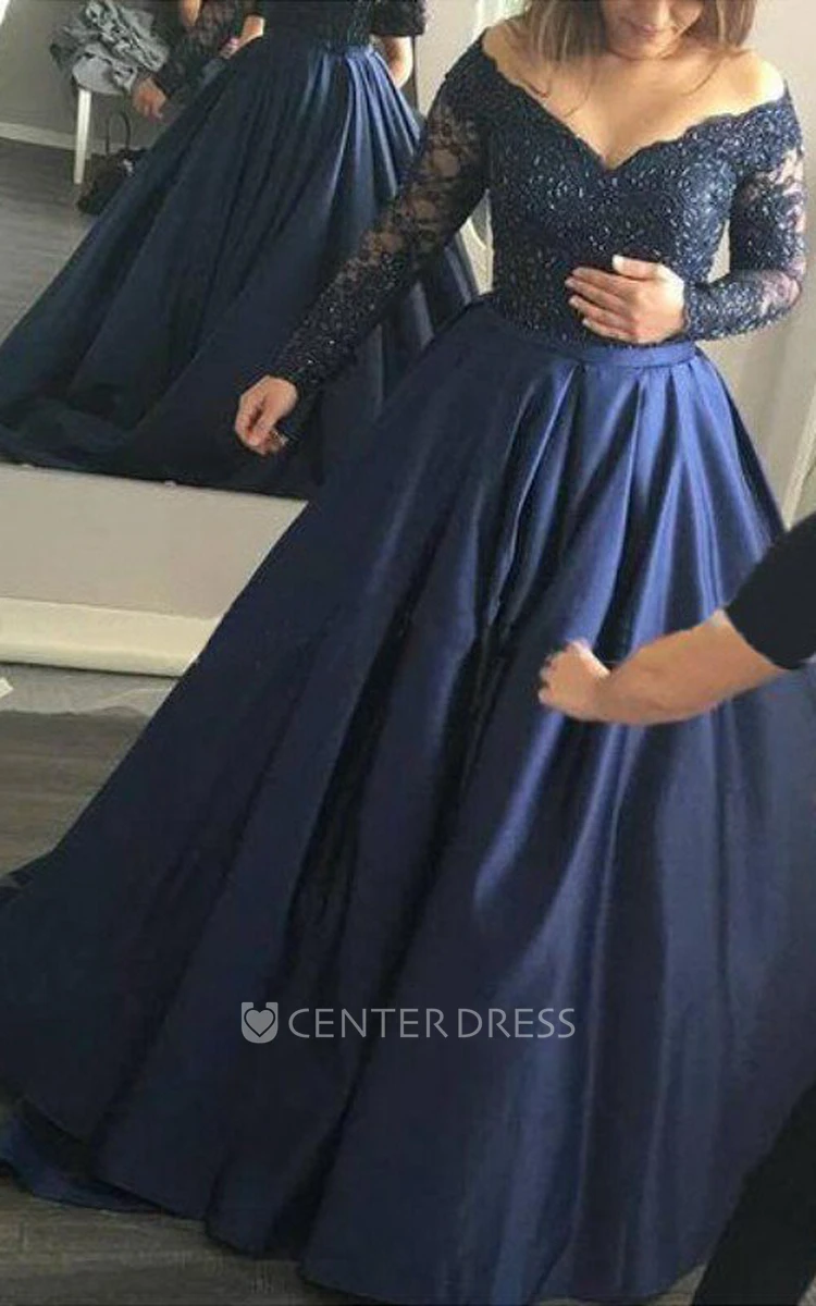 Illusion Long Sleeve Court Train A-Line Ball Gown Off-the-shoulder Satin Lace Dress