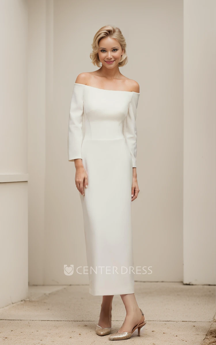 Simple Solid Sheath Ankle-length Off-the-shoulder Wedding Dress Sexy Elegant Split Back Long Sleeve Strapless Petite Backless Reception Bridal Gown