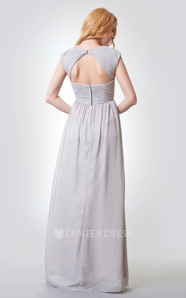 Criss-crossed Ruched A-line Long Chiffon Dress With Key-hole