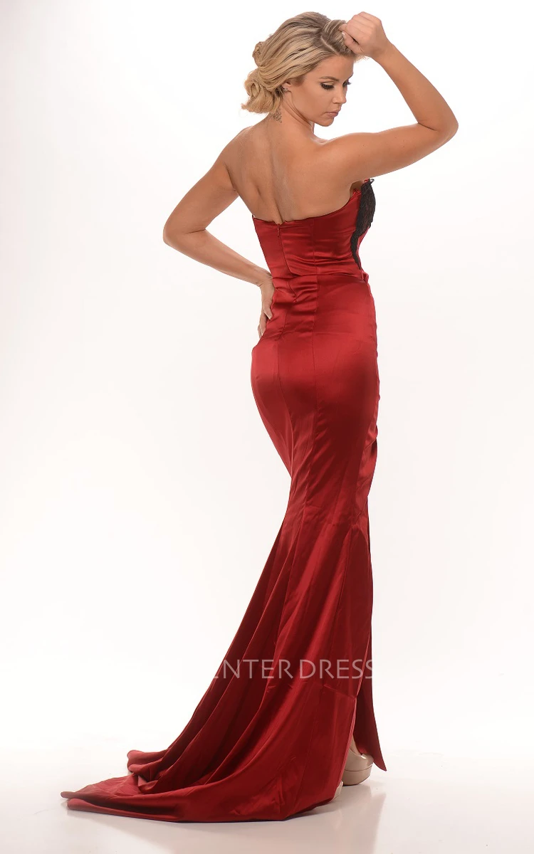 Sheath Strapless Lace Sleeveless Maxi Satin Prom Dress With Zipper Back And Split Front