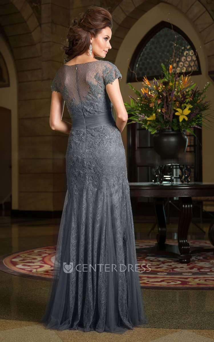 Cap-Sleeved Long Mermaid Mother Of The Bride Dress With Pleats And Appliques
