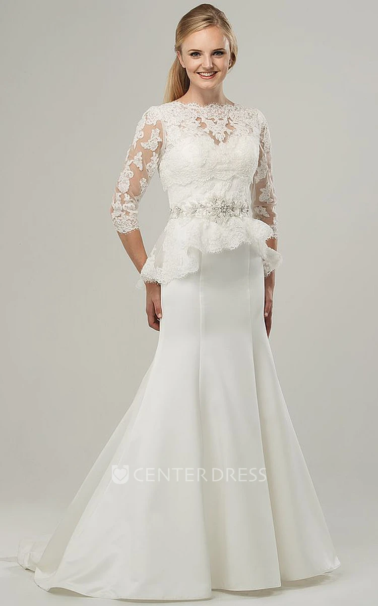 Trumpet Floor-Length High Neck 3-4-Sleeve Jeweled Satin Wedding Dress With Appliques And Peplum
