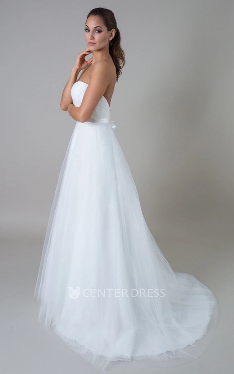 Long Sweetheart Tulle Wedding Dress With Criss Cross And V Back