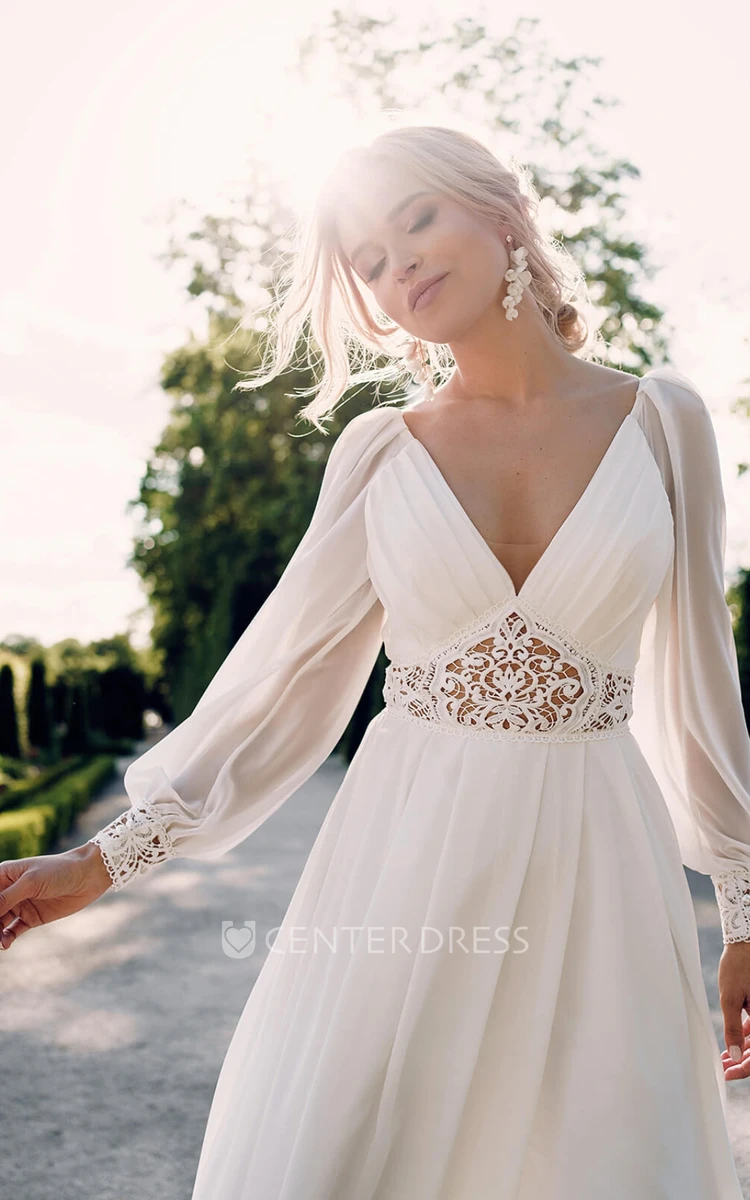 Low-V Back Lace A-Line Chiffon Wedding Dress with V-Neckline
