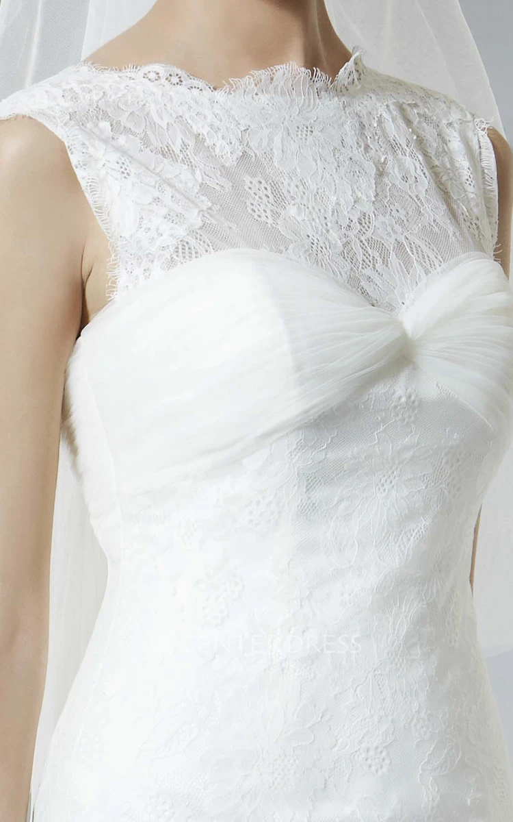 A-Line Ruched Cap-Sleeve Jewel Long Lace Wedding Dress With Low-V Back And Brush Train