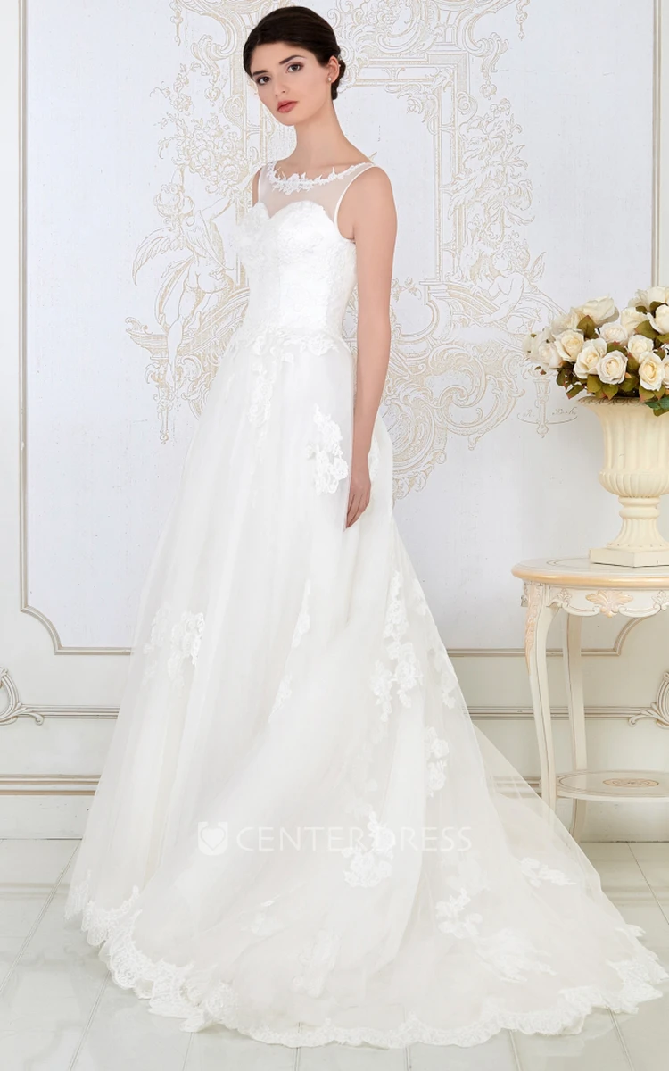 Ball Gown Sleeveless Appliqued Scoop-Neck Floor-Length Tulle Wedding Dress