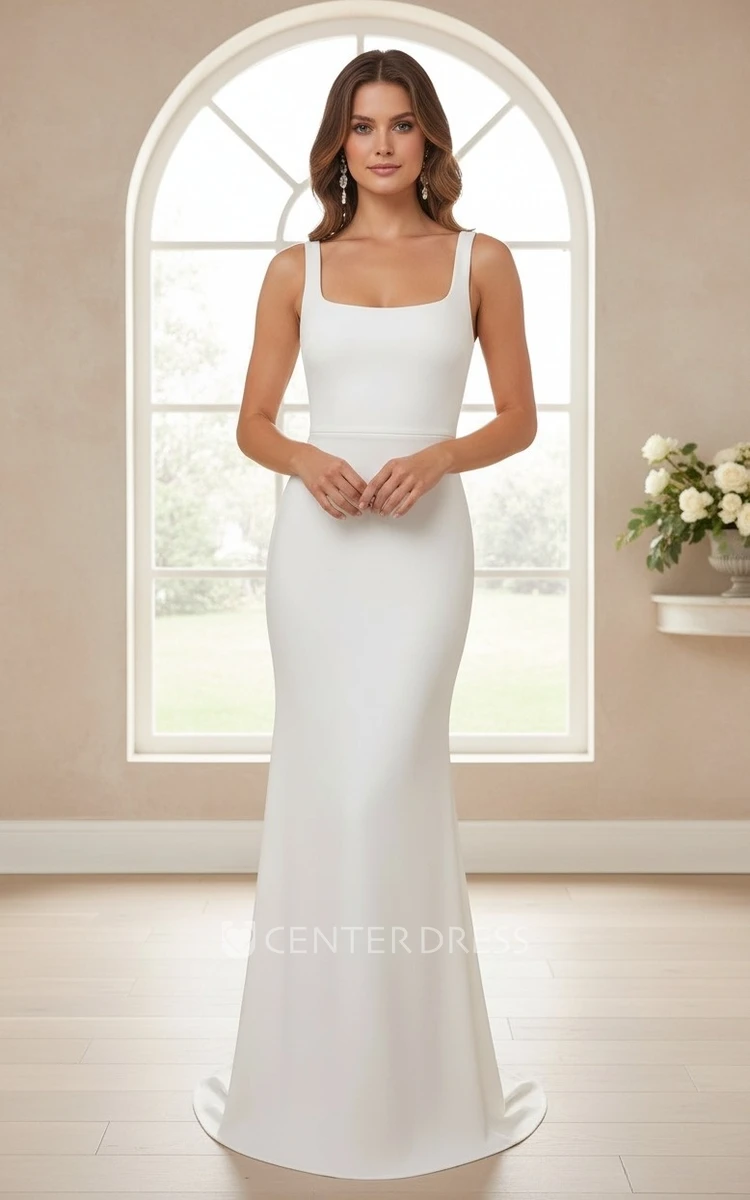 Simple Square Neck Backless Wedding Dress Modern Sleeveless Bow Bridal Gown
