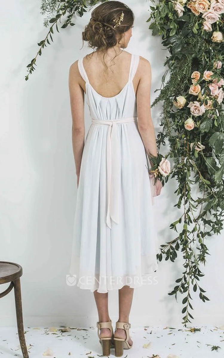Tea-Length Sleeveless V-Neck Pleated Chiffon Bridesmaid Dress