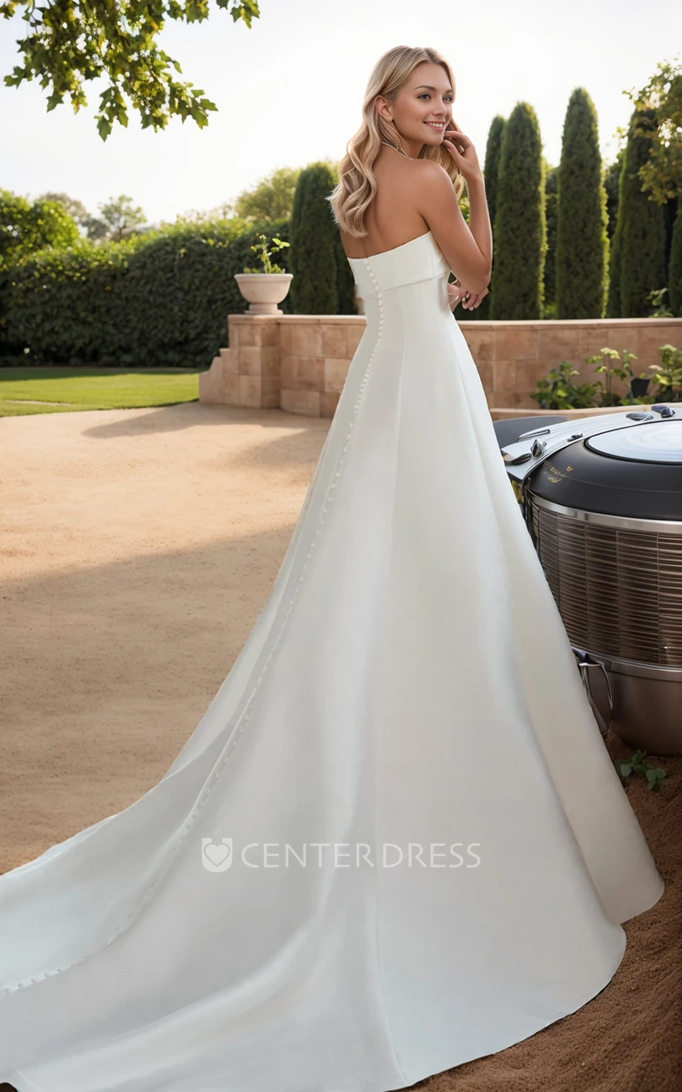 Simple Garden A-Line Strapless Neckline Satin Wedding Dress Unique Modest Ruchde Decor Long Train Bridal Gown