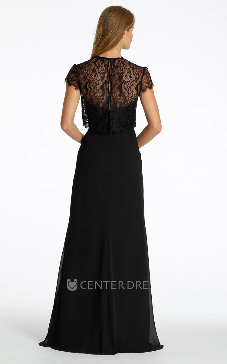 Floor-Length High Neck Cap Sleeve Lace Chiffon Bridesmaid Dress