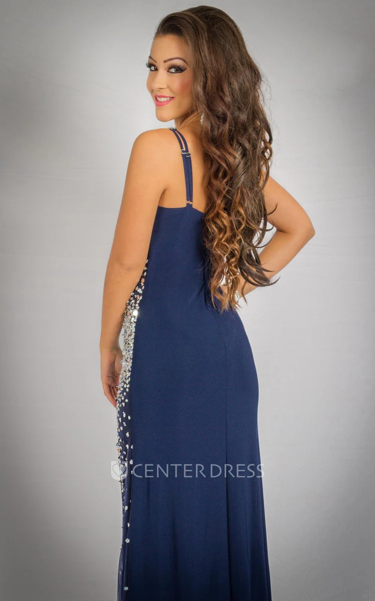 Sheath One-Shoulder Long Beaded Jersey Prom Dress With Ruching