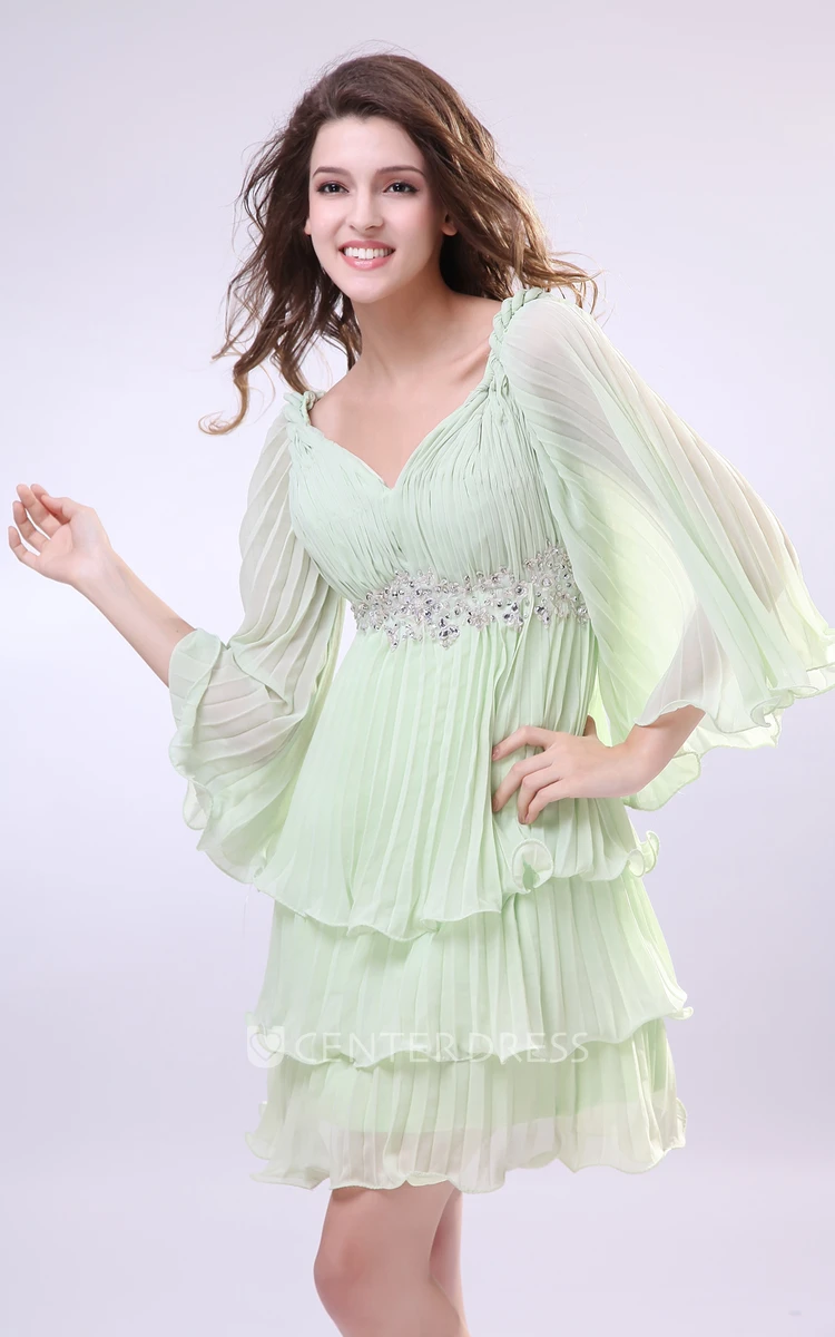 Cute Bell Sleeve V-Neck Short Chiffon Prom Dress With Tiers and Beading