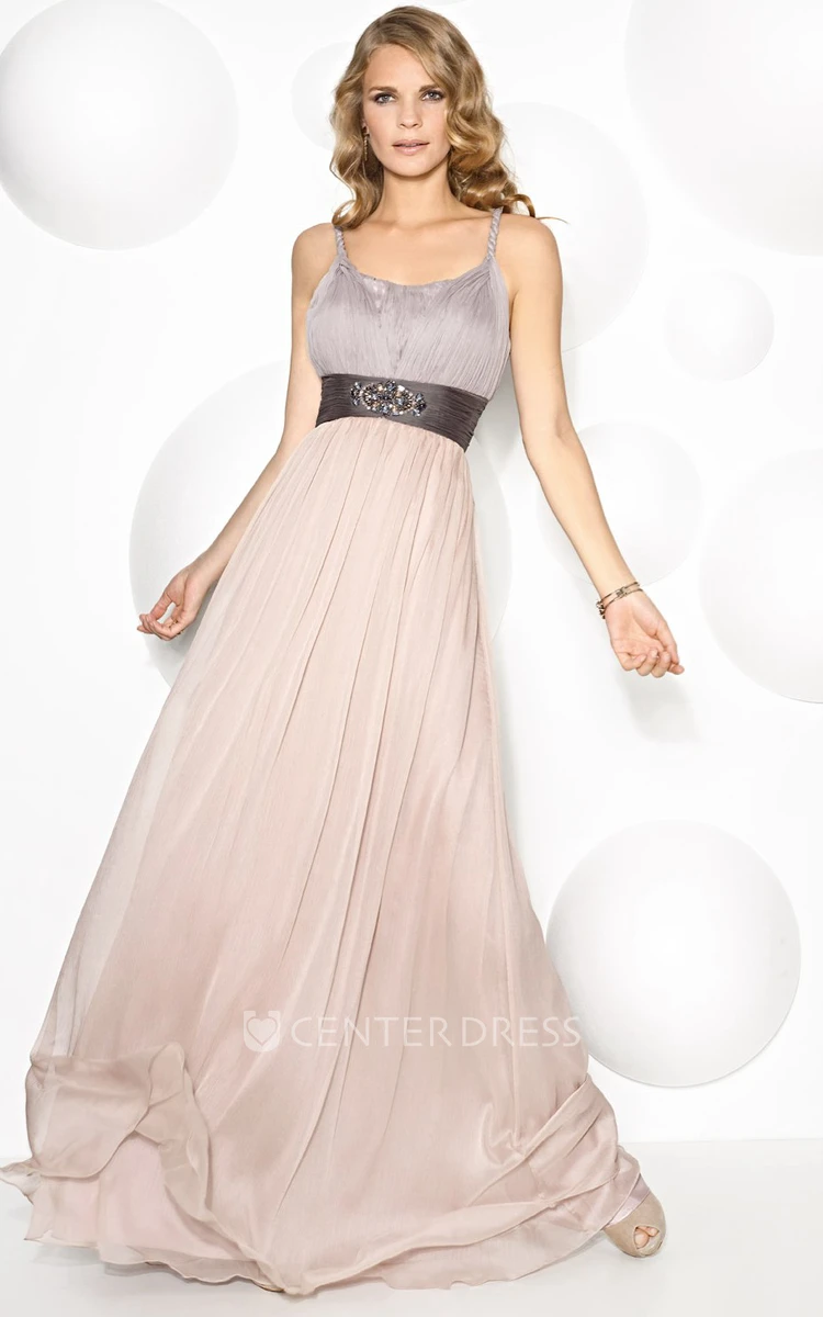 A-Line Maxi Strapped Ruched Sleeveless Prom Dress With Pleats And Beading