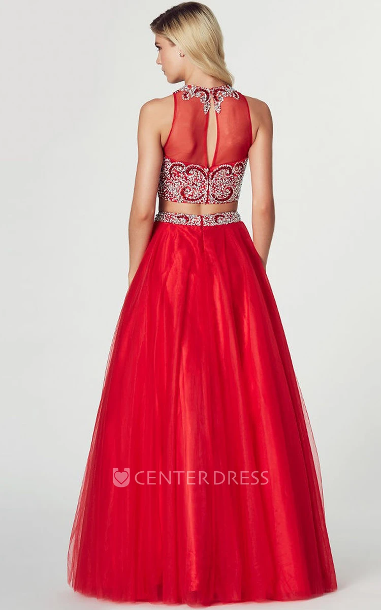 A-Line Maxi High Neck Beaded Sleeveless Tulle Prom Dress