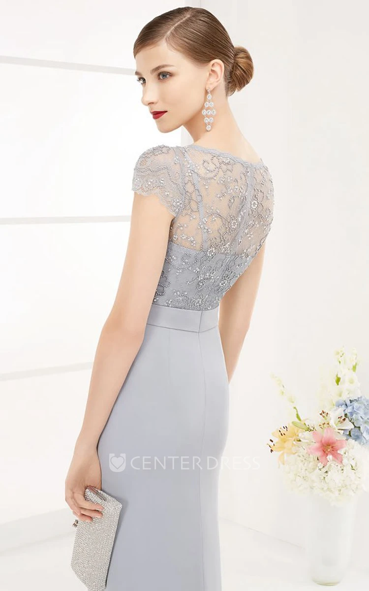 Bateau Short Sleeve Sequin Lace Top Long Prom Dress With Front Split
