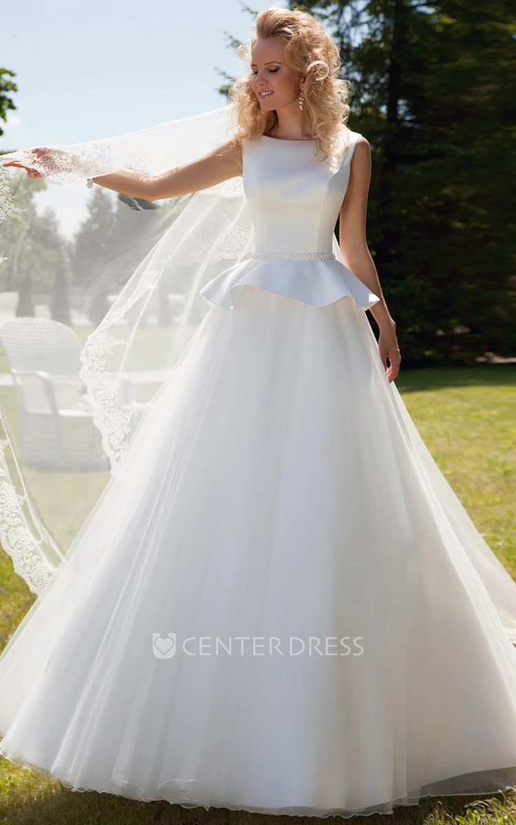 Ball-Gown Peplum Sleeveless Scoop Floor-Length Satin&Tulle Wedding Dress With Corset Back And Waist Jewellery