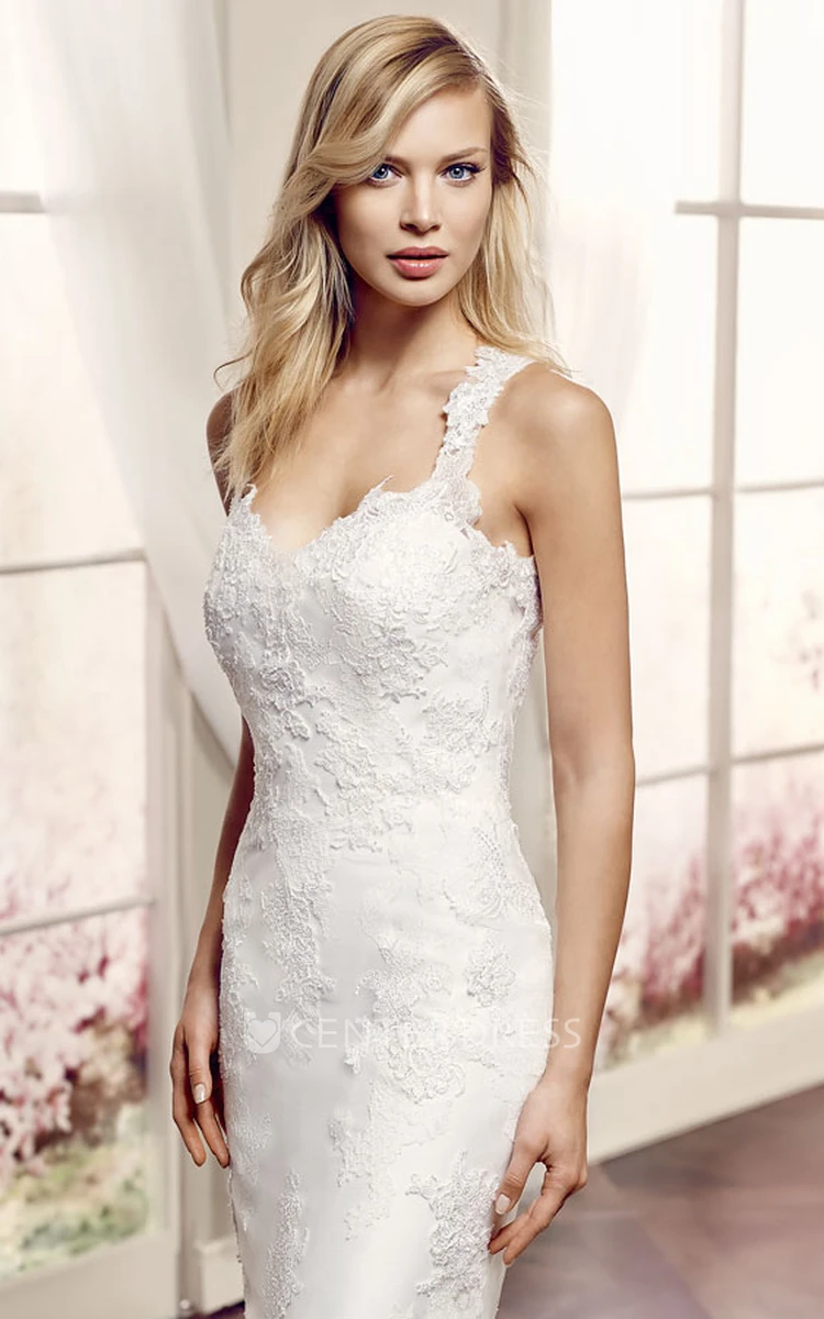 Maxi Straps Appliqued Lace Wedding Dress With Court Train And Illusion