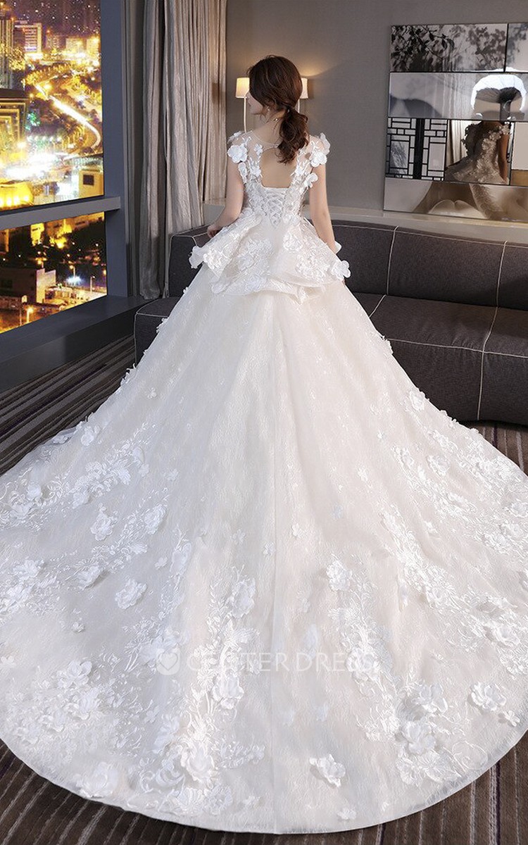 Princess Cap Sleeve Lace up 3D Floral Appliqued Lace Wedding Dress With Peplum Skirt