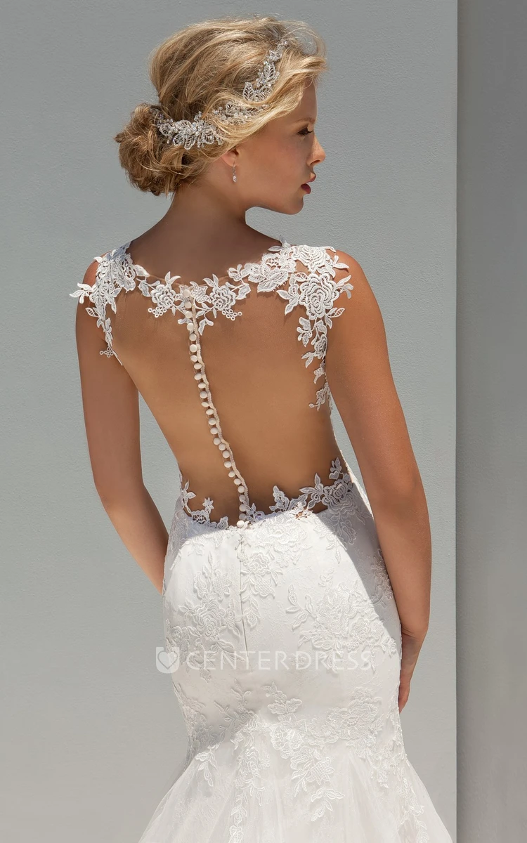 Mermaid Sleeveless Spaghetti Floor-Length Appliqued Tulle Wedding Dress