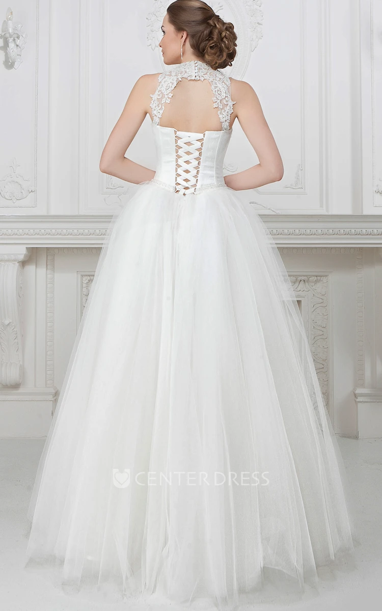 A-Line Appliqued Floor-Length Strapped Sleeveless Tulle Wedding Dress With Pleats