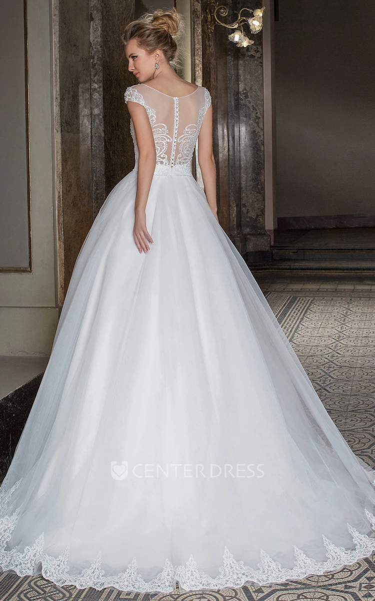 Maxi Sweetheart Cap-Sleeve Appliqued Tulle Wedding Dress With Beading And Illusion