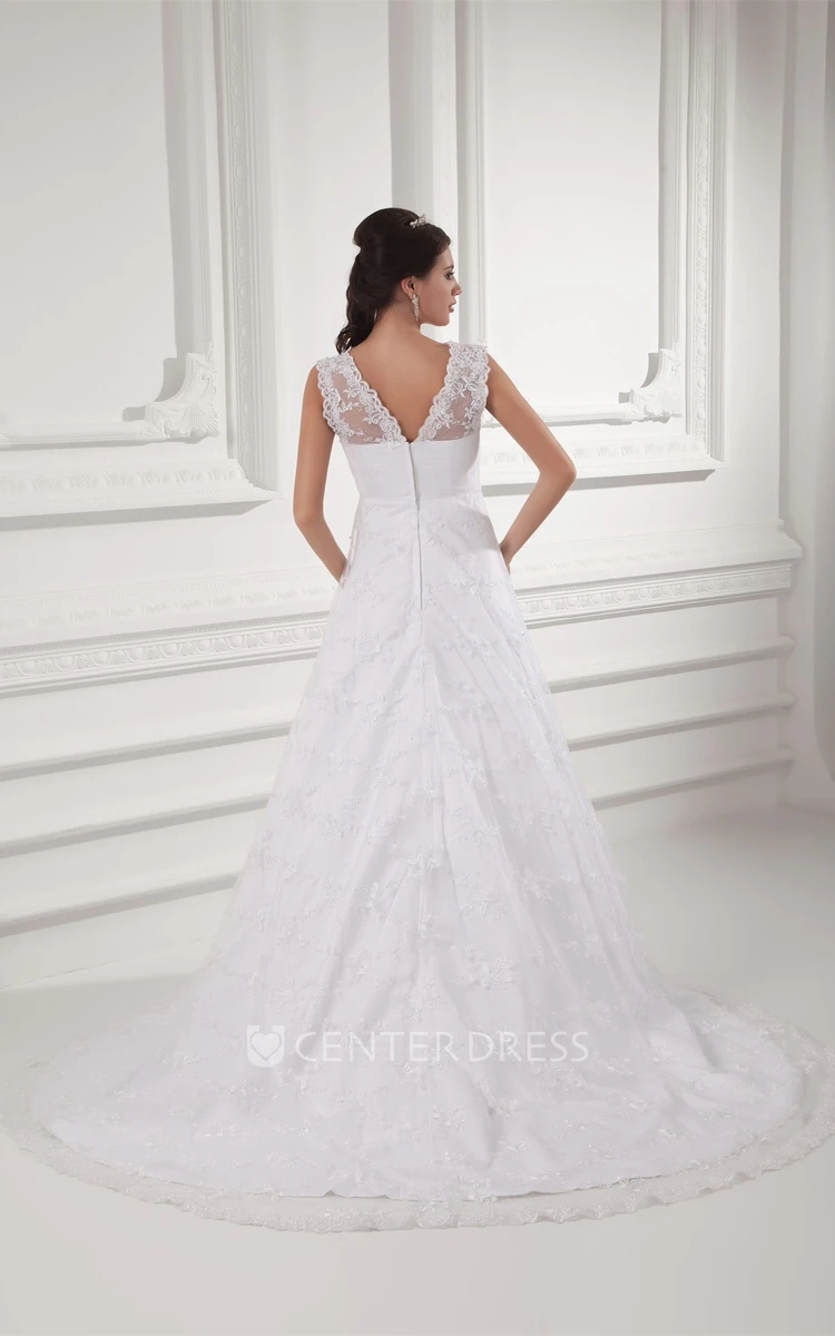 A Line V Neck Lace Sleeveless Wedding Gown with Low-v Back