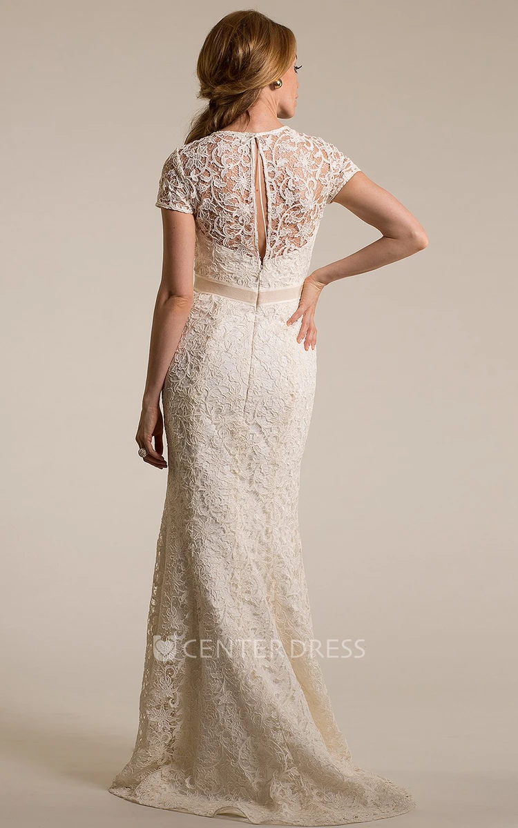 Sheath High Neck Cap-Sleeve Lace Wedding Dress With Illusion
